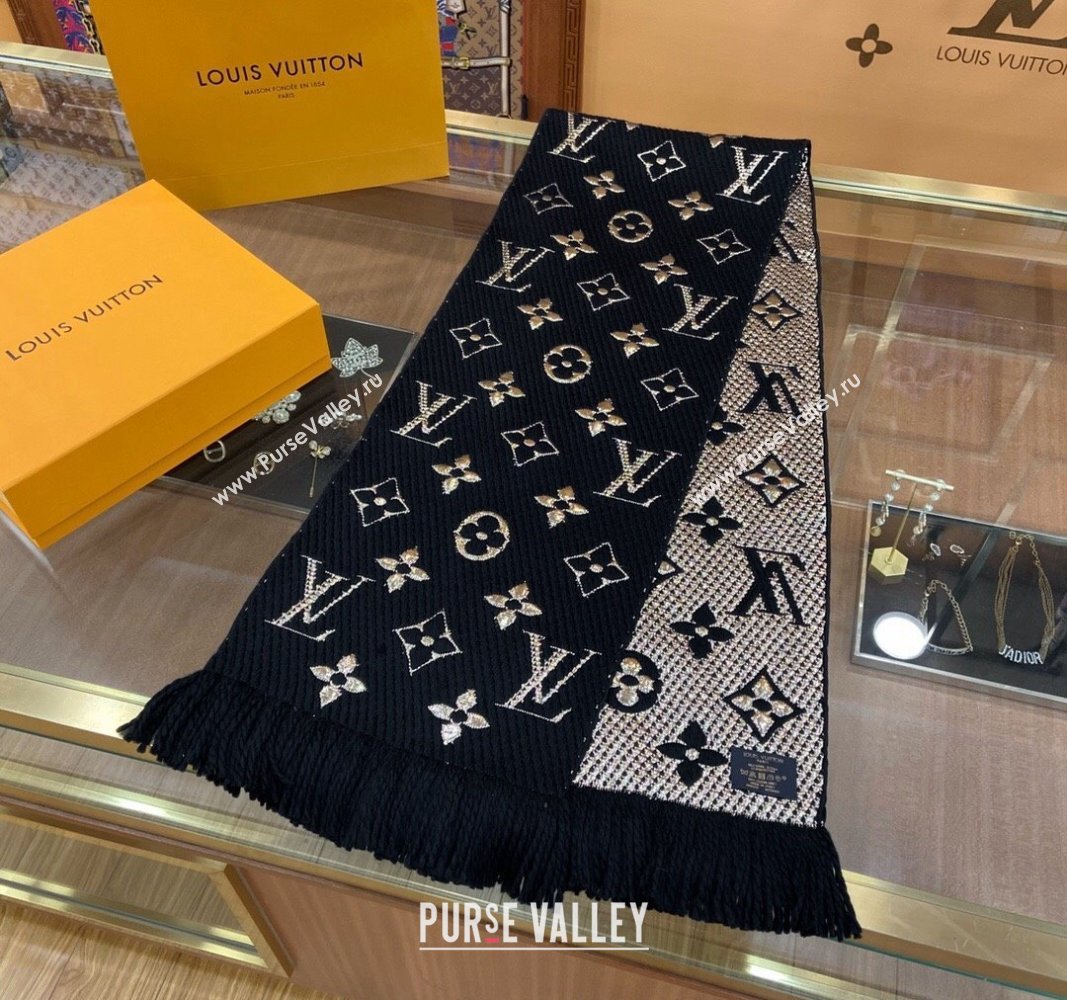 Louis Vuitton Logomania Wool Long Scarf with Fringe 30x175cm Black/Gold 2024 LV011001 (wtz-240110003)
