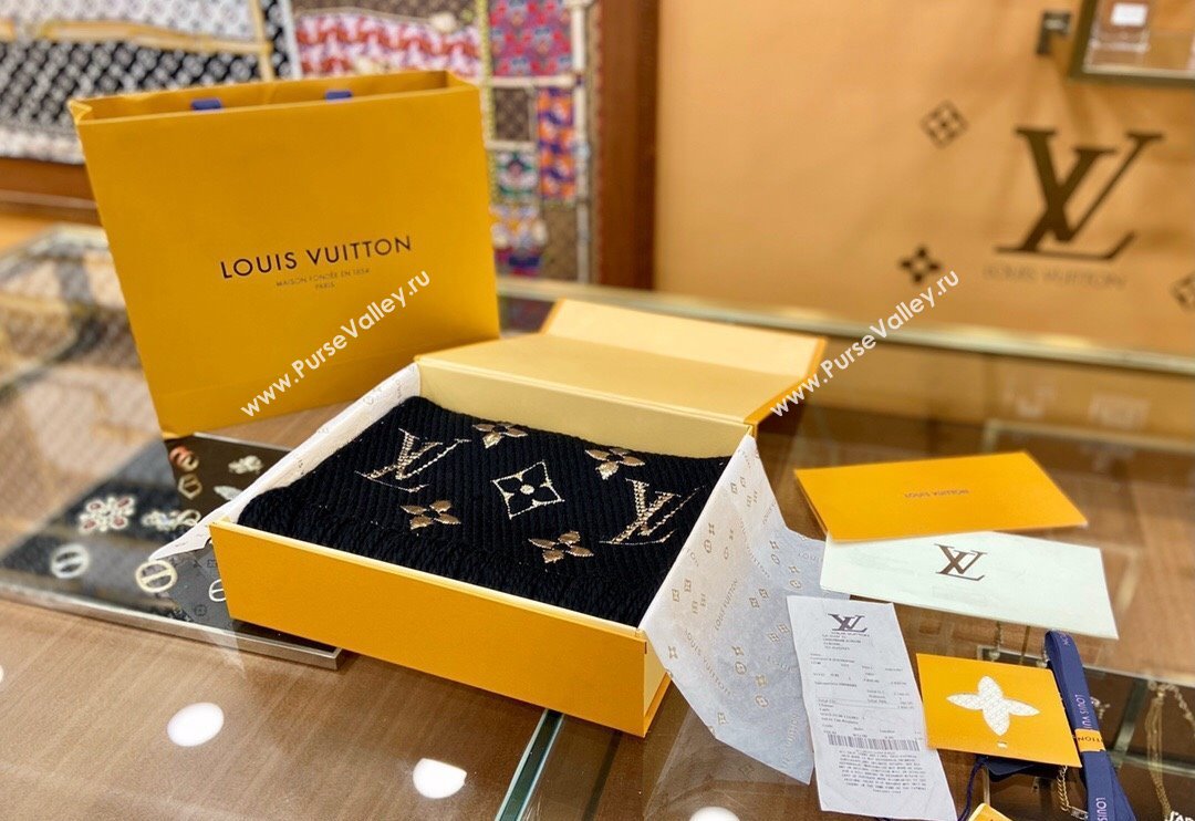 Louis Vuitton Logomania Wool Long Scarf with Fringe 30x175cm Black/Gold 2024 LV011001 (wtz-240110003)