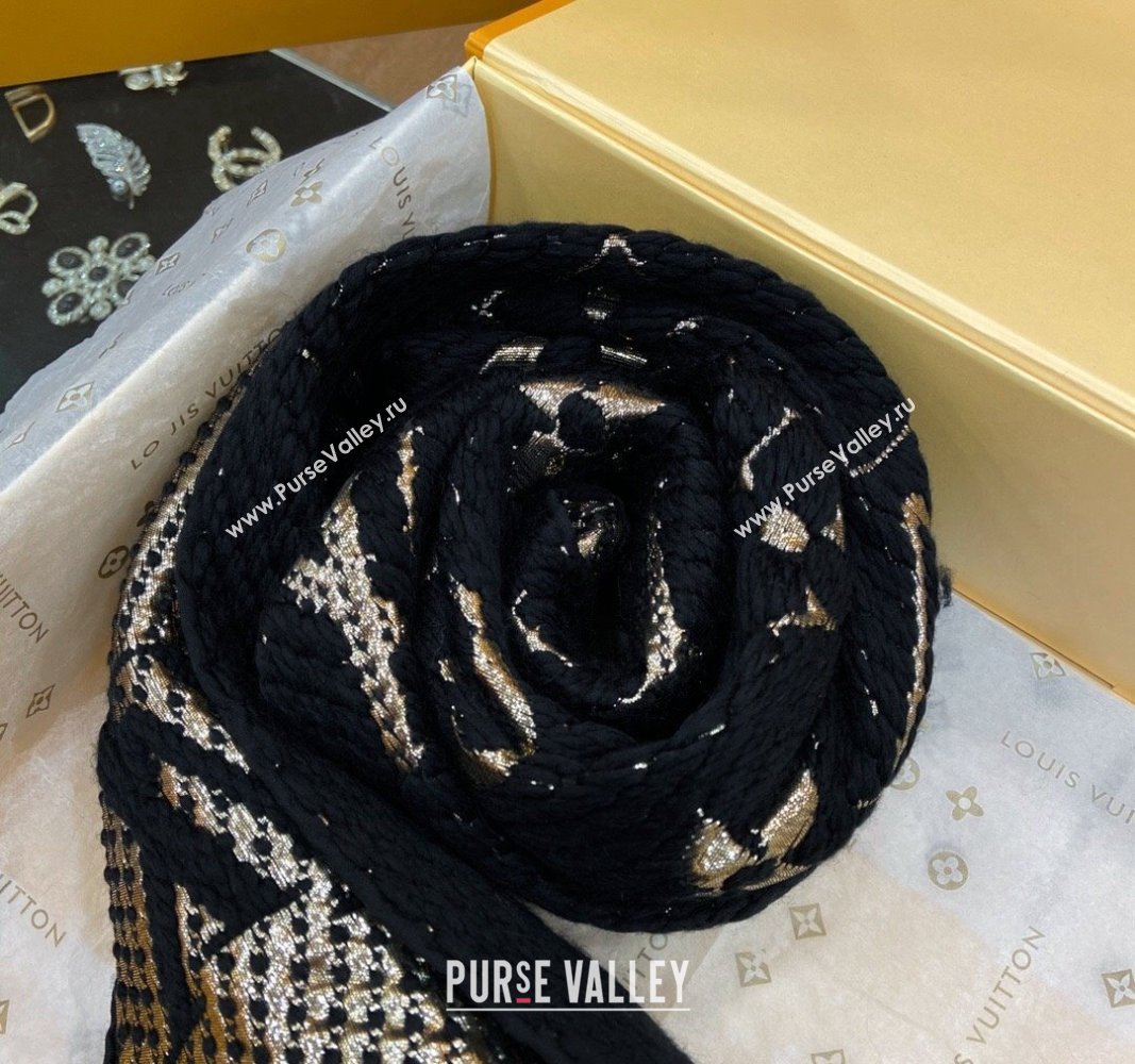 Louis Vuitton Logomania Wool Long Scarf with Fringe 30x175cm Black/Gold 2024 LV011001 (wtz-240110003)