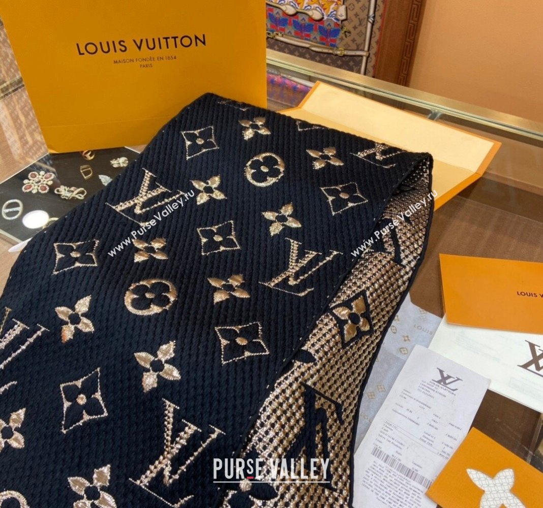 Louis Vuitton Logomania Wool Long Scarf with Fringe 30x175cm Black/Gold 2024 LV011001 (wtz-240110003)