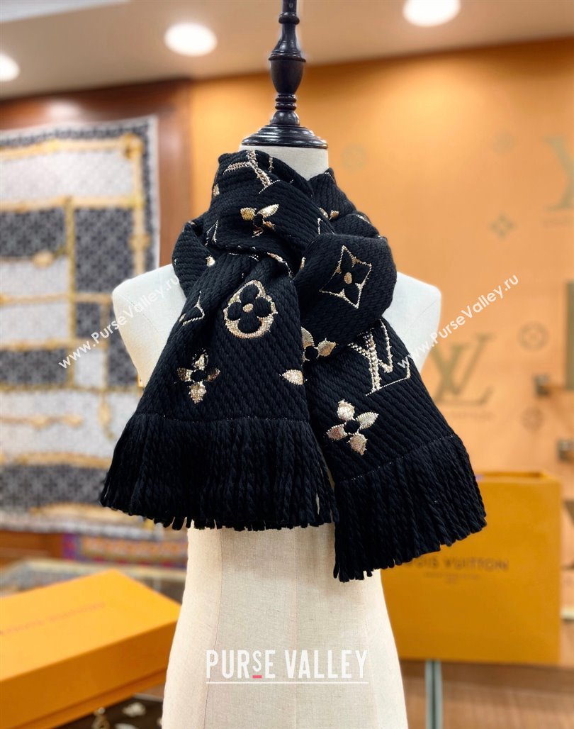 Louis Vuitton Logomania Wool Long Scarf with Fringe 30x175cm Black/Gold 2024 LV011001 (wtz-240110003)