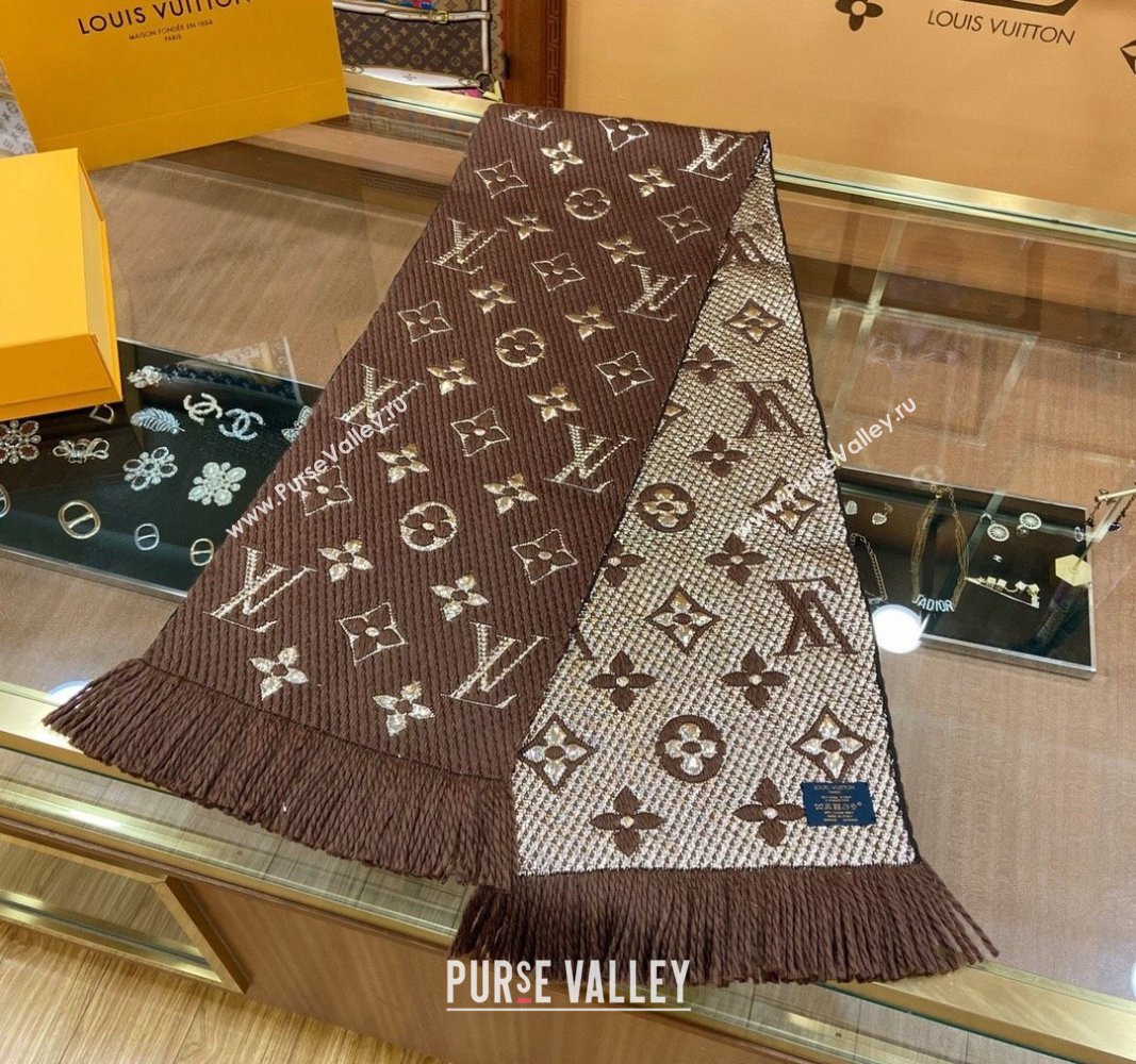 Louis Vuitton Logomania Wool Long Scarf with Fringe 30x175cm Brown/Gold 2024 LV011001 (wtz-240110005)