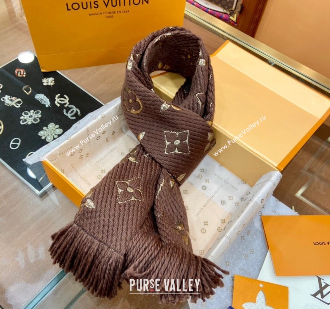 Louis Vuitton Logomania Wool Long Scarf with Fringe 30x175cm Brown/Gold 2024 LV011001 (wtz-240110005)