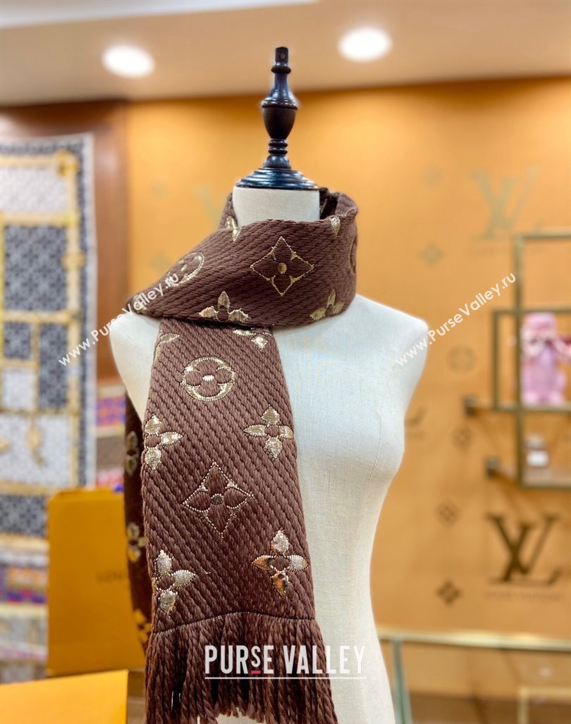 Louis Vuitton Logomania Wool Long Scarf with Fringe 30x175cm Brown/Gold 2024 LV011001 (wtz-240110005)