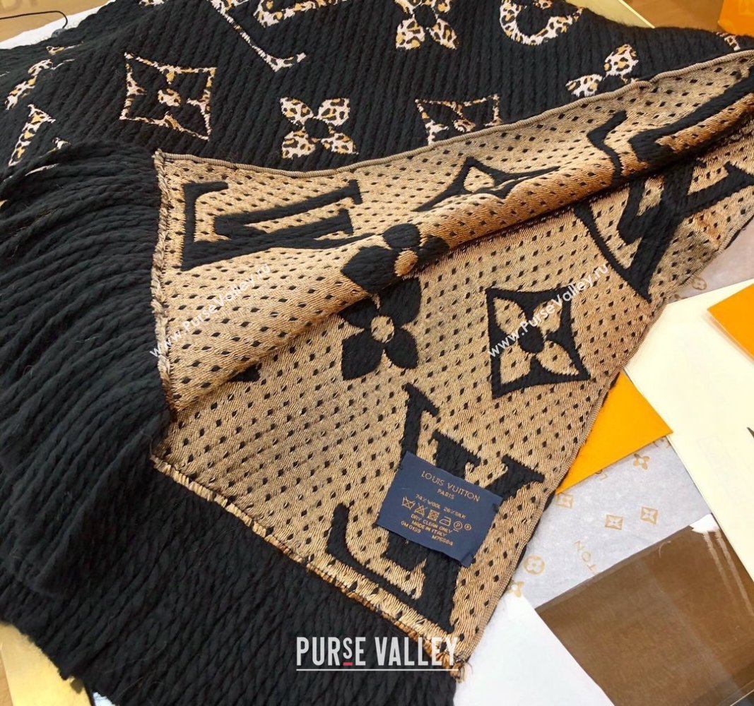 Louis Vuitton Monogram Giant Jungle Logomania Wool Long Scarf with Fringe 39.5x176cm Black 2024 (wtz-240110006)