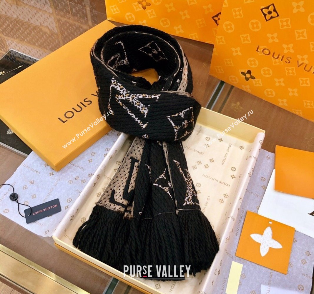Louis Vuitton Monogram Giant Jungle Logomania Wool Long Scarf with Fringe 39.5x176cm Black 2024 (wtz-240110006)