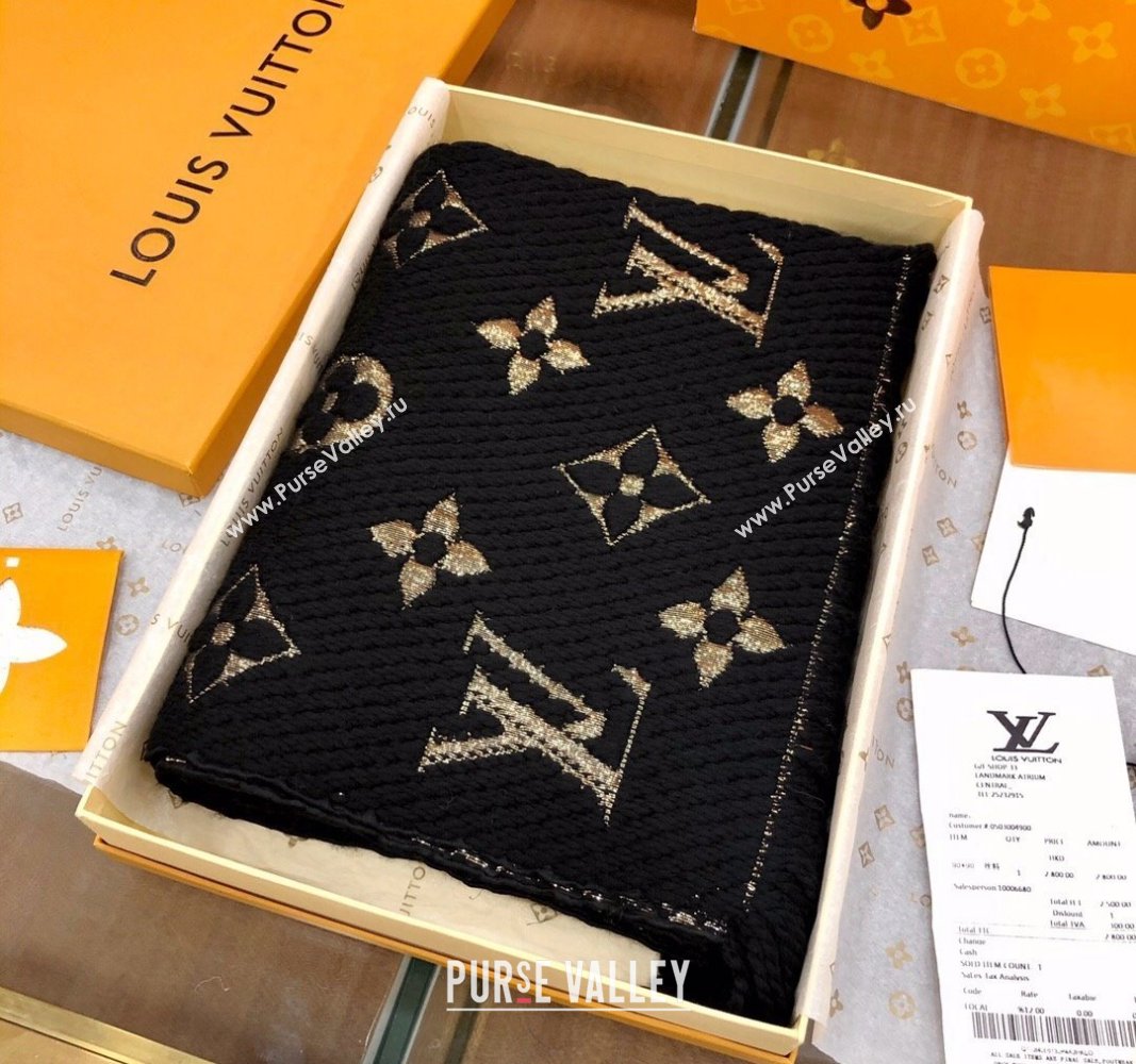 Louis Vuitton Logomania Wool Long Scarf with Fringe 30x175cm Black/Gold 2024 LV011003 (wtz-240110015)