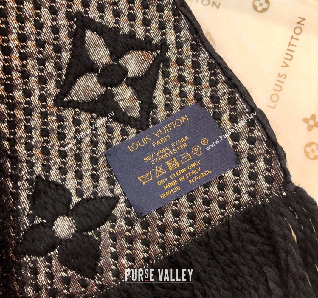 Louis Vuitton Logomania Wool Long Scarf with Fringe 30x175cm Black/Gold 2024 LV011003 (wtz-240110015)