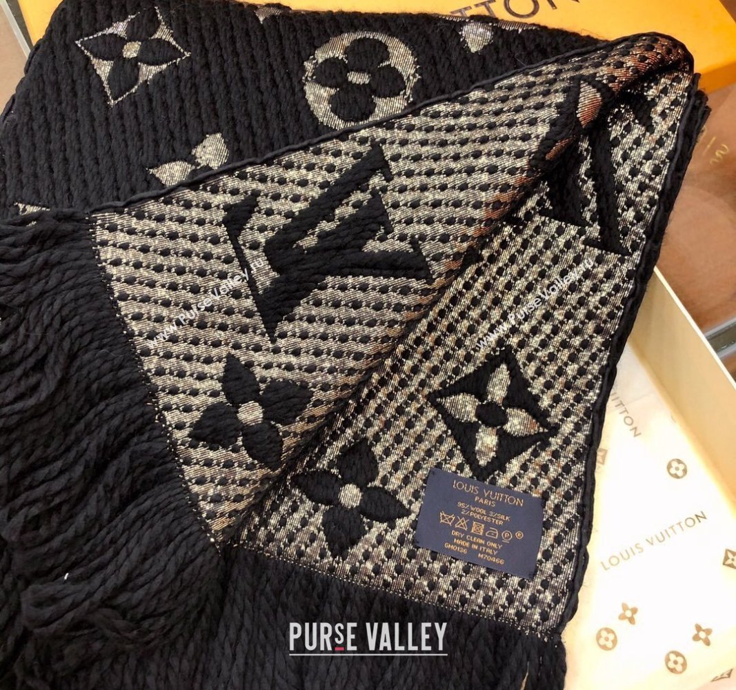 Louis Vuitton Logomania Wool Long Scarf with Fringe 30x175cm Black/Gold 2024 LV011003 (wtz-240110015)