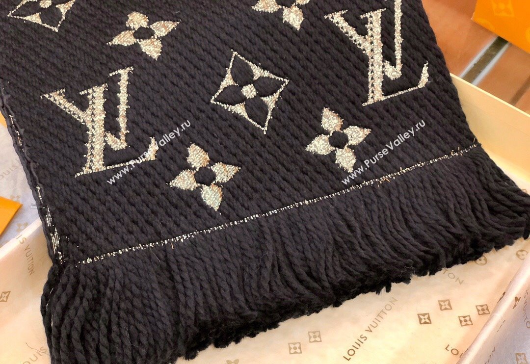 Louis Vuitton Logomania Wool Long Scarf with Fringe 30x175cm Black/Gold 2024 LV011003 (wtz-240110015)