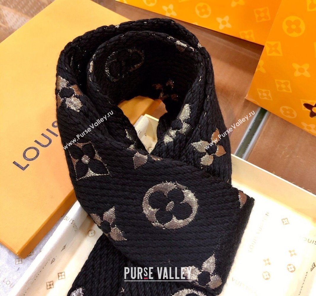 Louis Vuitton Logomania Wool Long Scarf with Fringe 30x175cm Black/Gold 2024 LV011003 (wtz-240110015)