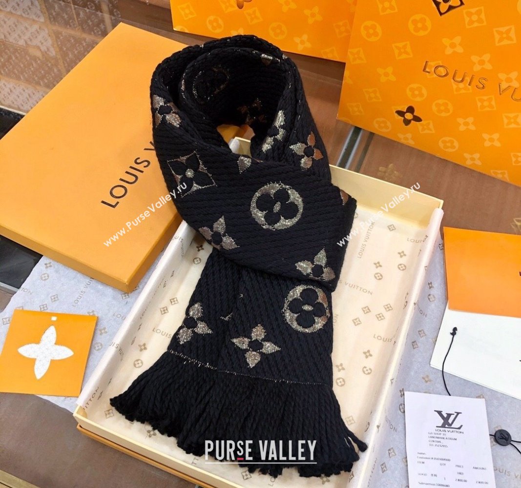 Louis Vuitton Logomania Wool Long Scarf with Fringe 30x175cm Black/Gold 2024 LV011003 (wtz-240110015)