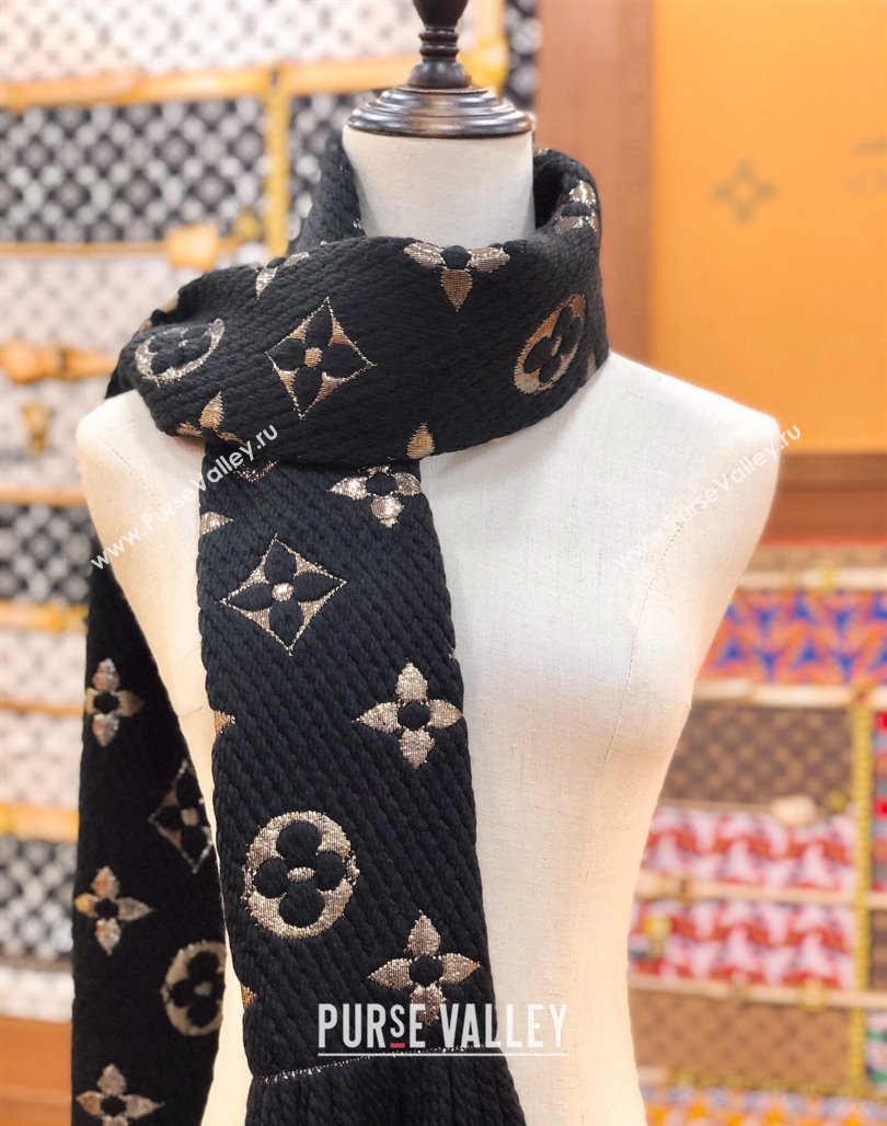 Louis Vuitton Logomania Wool Long Scarf with Fringe 30x175cm Black/Gold 2024 LV011003 (wtz-240110015)