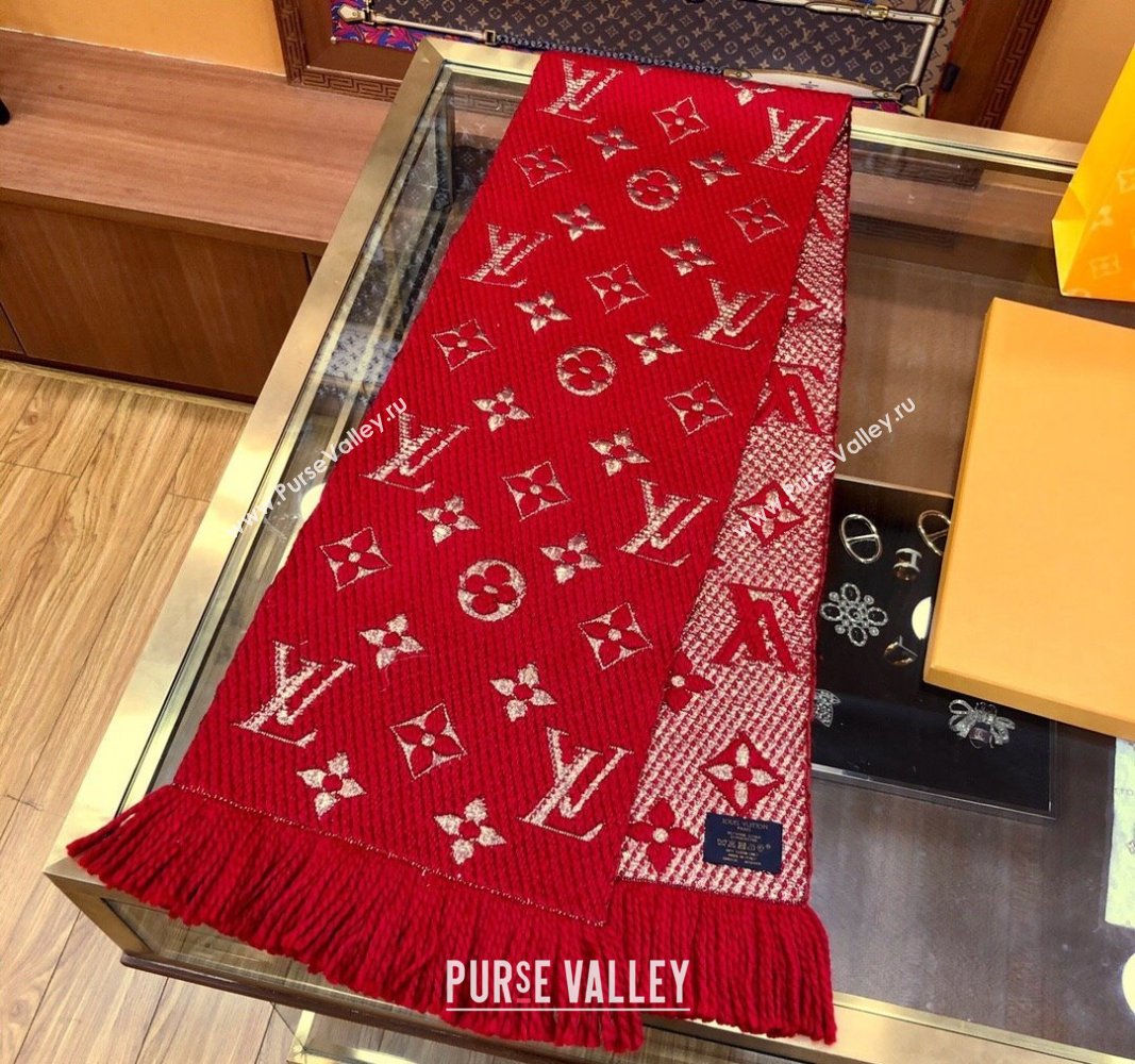 Louis Vuitton Logomania Wool Long Scarf with Fringe 30x175cm Red/Gold 2024 LV011003 (wtz-240110016)