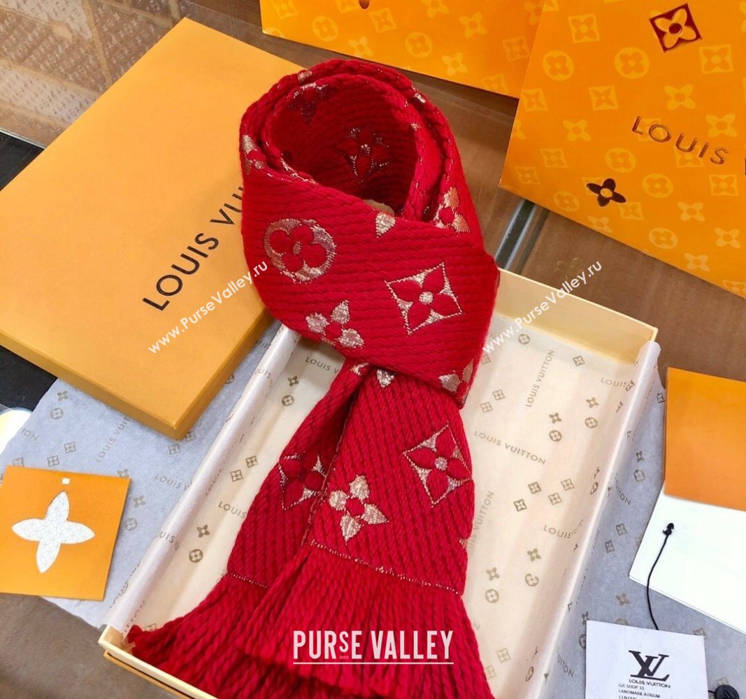 Louis Vuitton Logomania Wool Long Scarf with Fringe 30x175cm Red/Gold 2024 LV011003 (wtz-240110016)