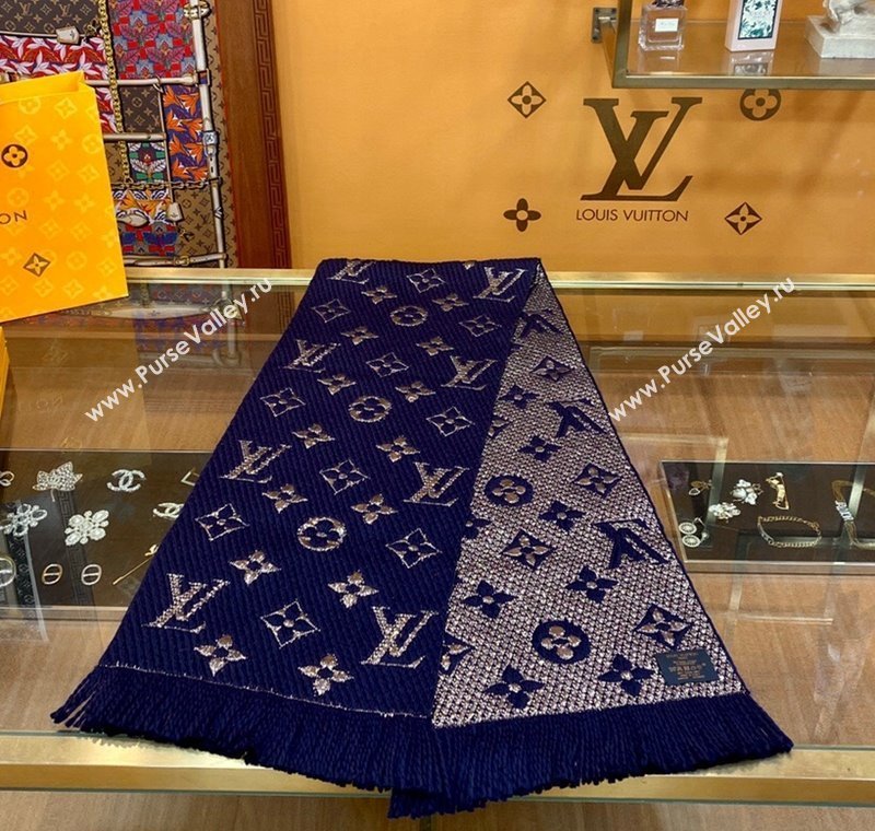 Louis Vuitton Logomania Wool Long Scarf with Fringe 30x175cm Navy Blue/Gold 2024 LV011003 (wtz-240110017)