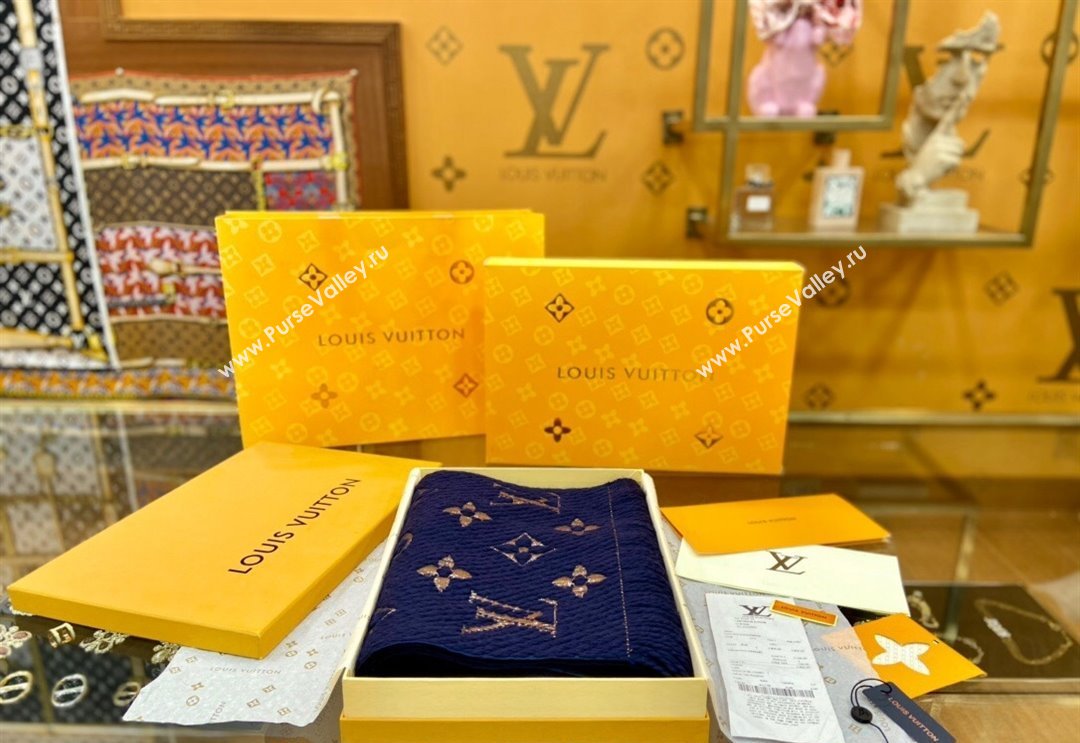 Louis Vuitton Logomania Wool Long Scarf with Fringe 30x175cm Navy Blue/Gold 2024 LV011003 (wtz-240110017)