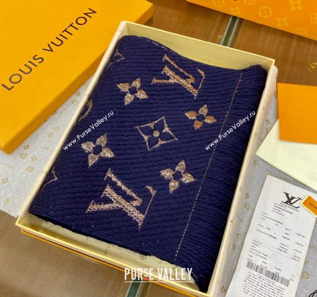 Louis Vuitton Logomania Wool Long Scarf with Fringe 30x175cm Navy Blue/Gold 2024 LV011003 (wtz-240110017)