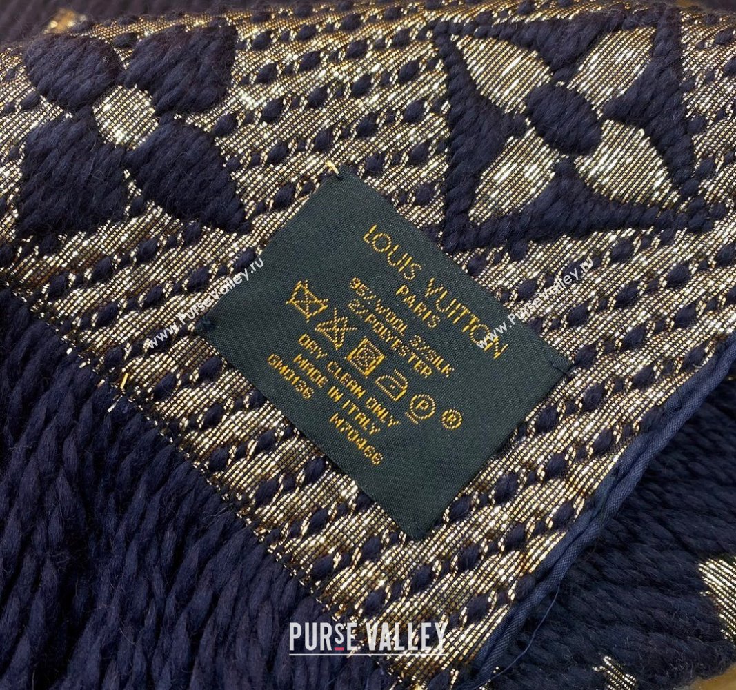 Louis Vuitton Logomania Wool Long Scarf with Fringe 30x175cm Navy Blue/Gold 2024 LV011003 (wtz-240110017)