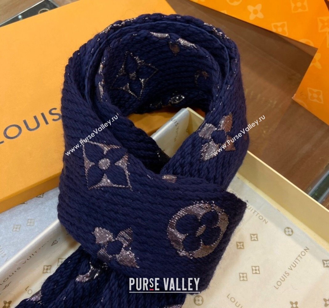 Louis Vuitton Logomania Wool Long Scarf with Fringe 30x175cm Navy Blue/Gold 2024 LV011003 (wtz-240110017)