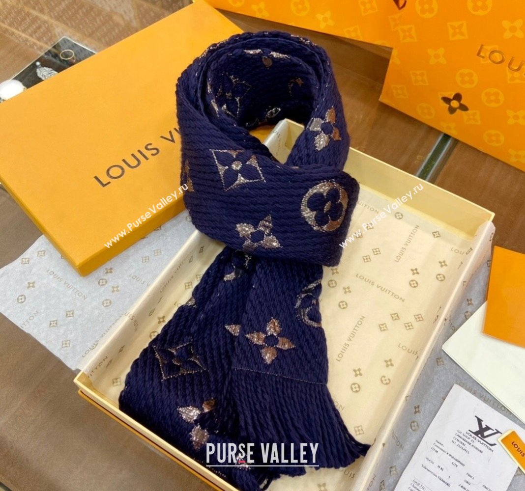 Louis Vuitton Logomania Wool Long Scarf with Fringe 30x175cm Navy Blue/Gold 2024 LV011003 (wtz-240110017)