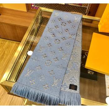 Louis Vuitton Logomania Wool Long Scarf with Fringe 30x175cm Light Blue/Silver 2024 LV011003 (wtz-240110020)