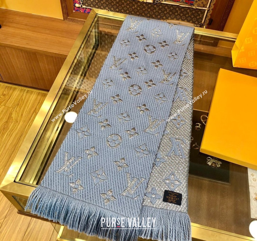 Louis Vuitton Logomania Wool Long Scarf with Fringe 30x175cm Light Blue/Silver 2024 LV011003 (wtz-240110020)