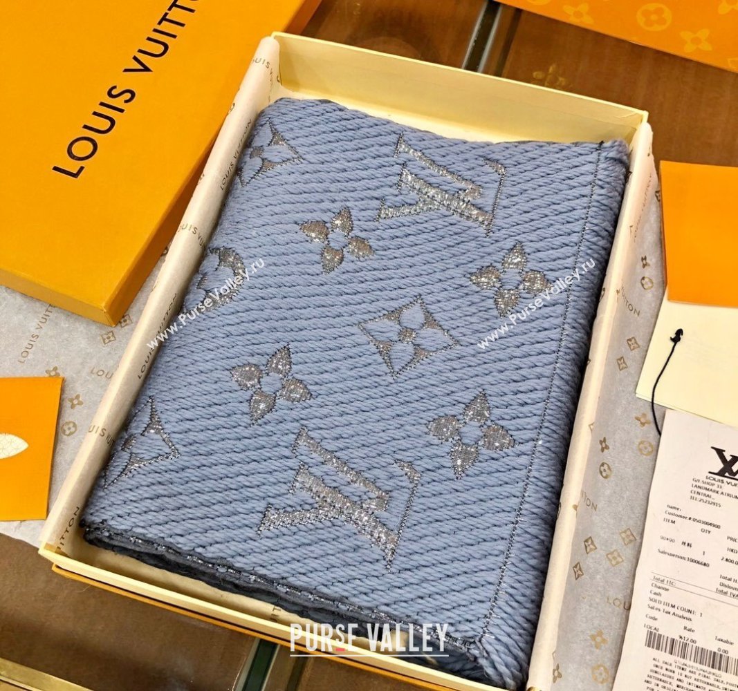 Louis Vuitton Logomania Wool Long Scarf with Fringe 30x175cm Light Blue/Silver 2024 LV011003 (wtz-240110020)