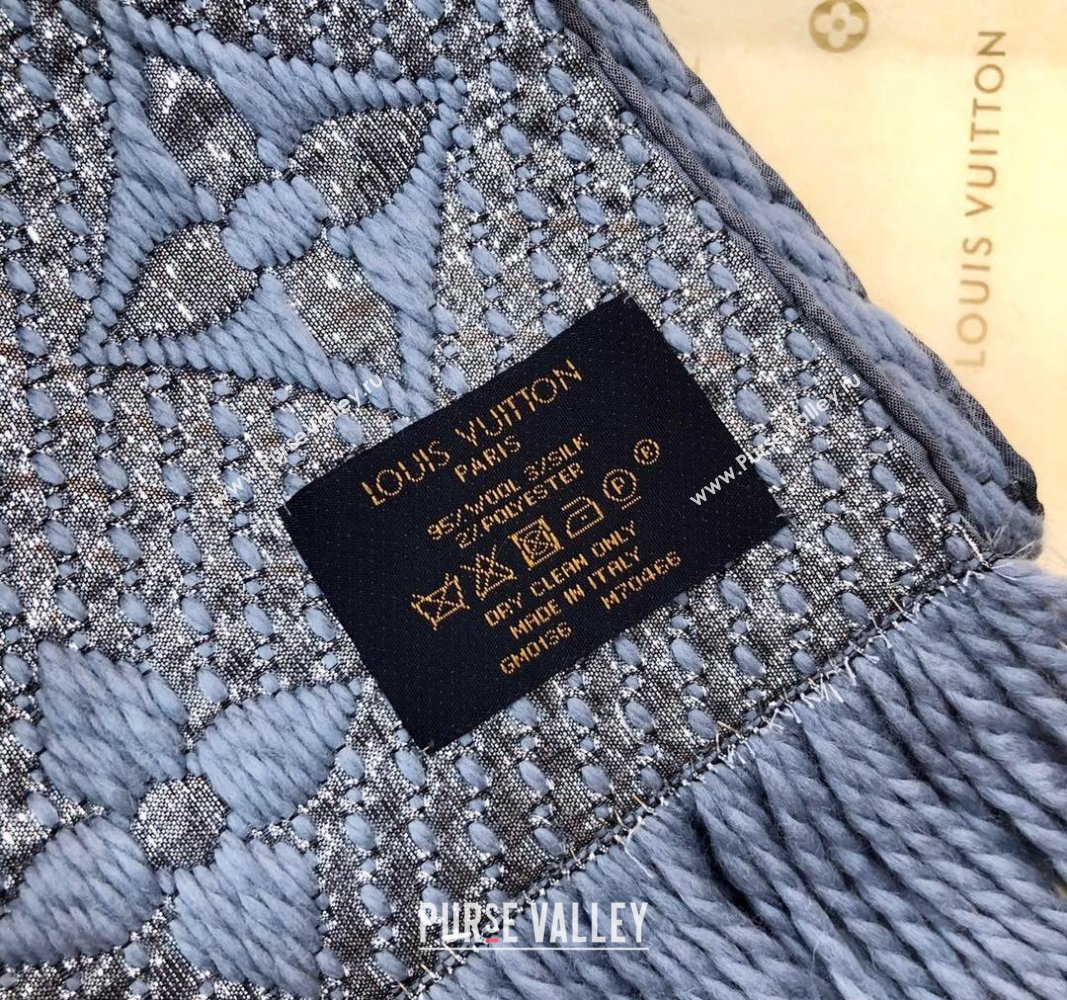 Louis Vuitton Logomania Wool Long Scarf with Fringe 30x175cm Light Blue/Silver 2024 LV011003 (wtz-240110020)