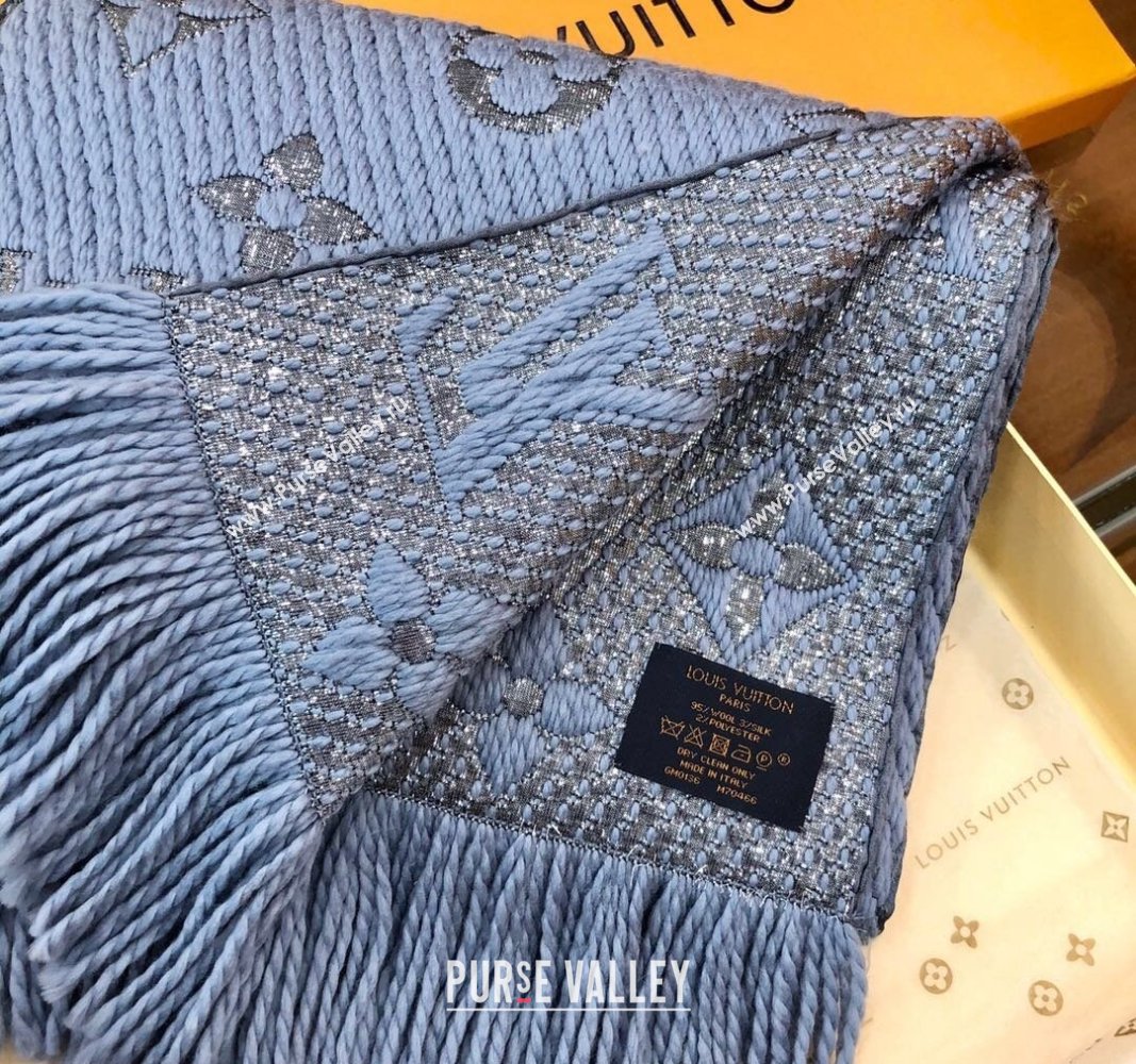 Louis Vuitton Logomania Wool Long Scarf with Fringe 30x175cm Light Blue/Silver 2024 LV011003 (wtz-240110020)