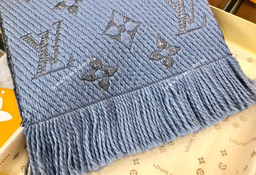 Louis Vuitton Logomania Wool Long Scarf with Fringe 30x175cm Light Blue/Silver 2024 LV011003 (wtz-240110020)