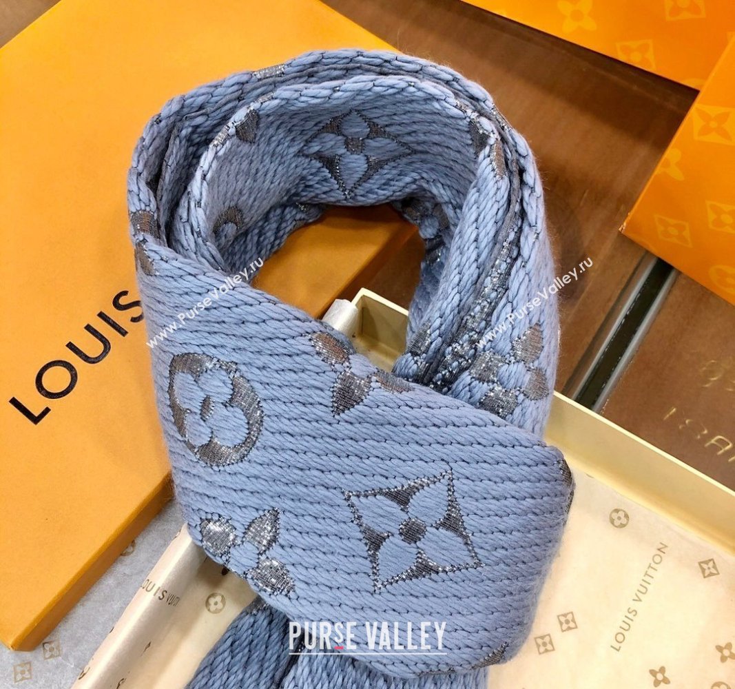 Louis Vuitton Logomania Wool Long Scarf with Fringe 30x175cm Light Blue/Silver 2024 LV011003 (wtz-240110020)