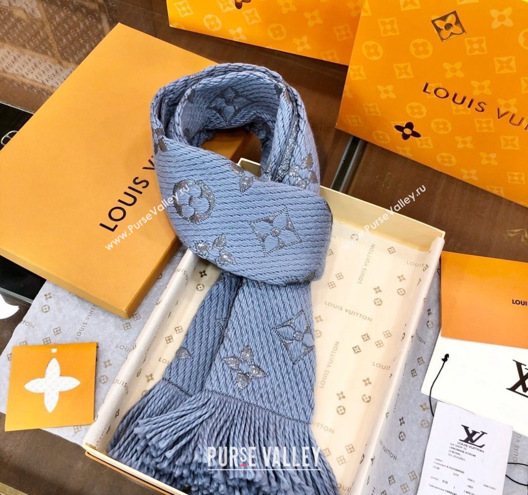 Louis Vuitton Logomania Wool Long Scarf with Fringe 30x175cm Light Blue/Silver 2024 LV011003 (wtz-240110020)