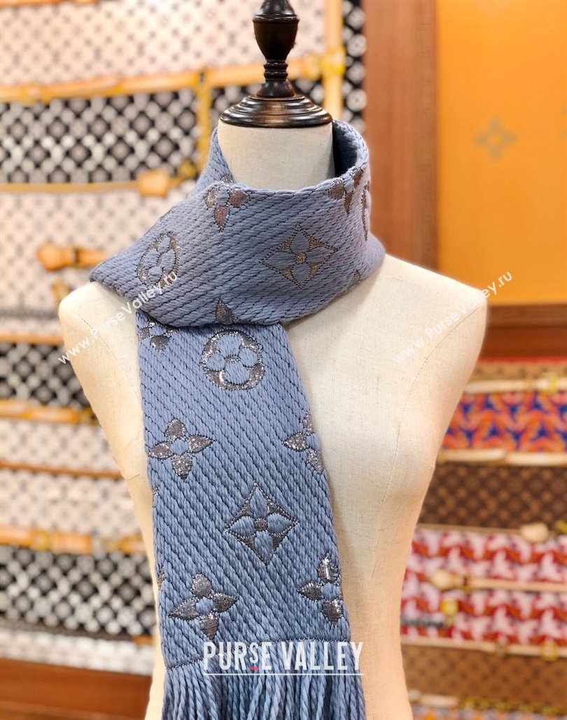 Louis Vuitton Logomania Wool Long Scarf with Fringe 30x175cm Light Blue/Silver 2024 LV011003 (wtz-240110020)