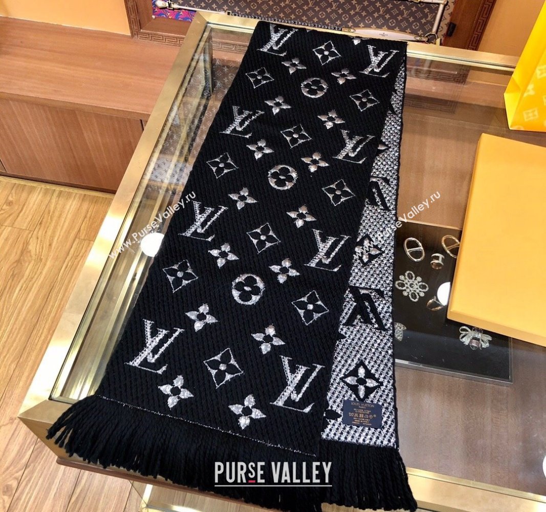 Louis Vuitton Logomania Wool Long Scarf with Fringe 30x175cm Black/Silver 2024 LV011003 (wtz-240110021)