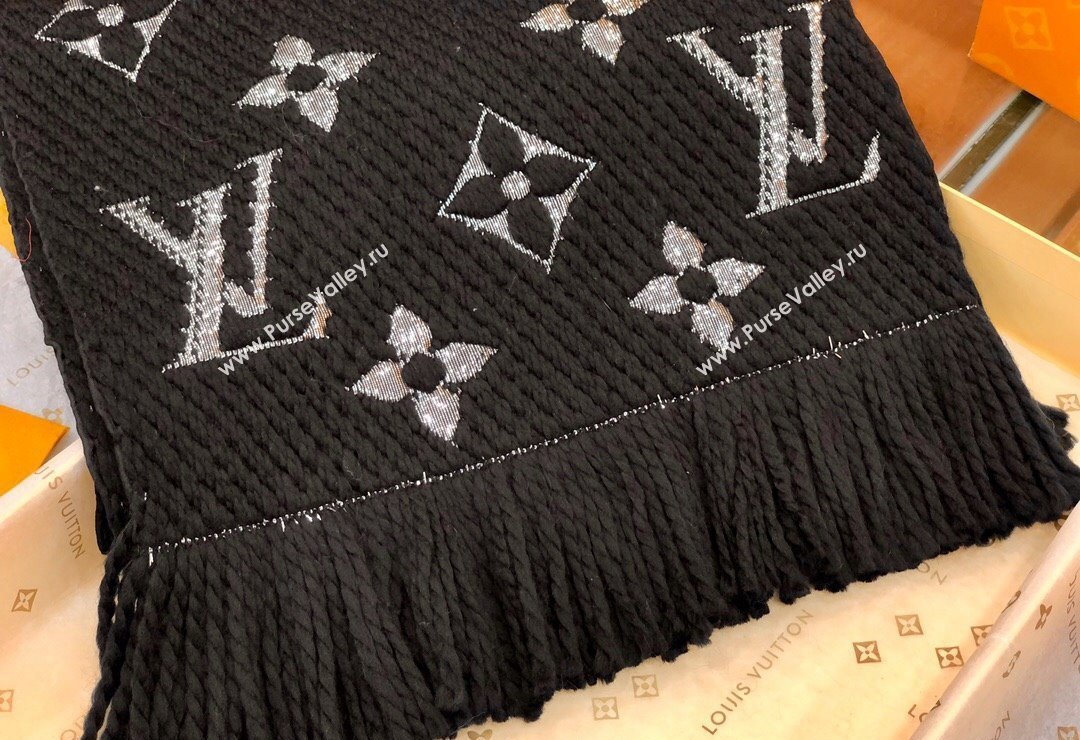 Louis Vuitton Logomania Wool Long Scarf with Fringe 30x175cm Black/Silver 2024 LV011003 (wtz-240110021)