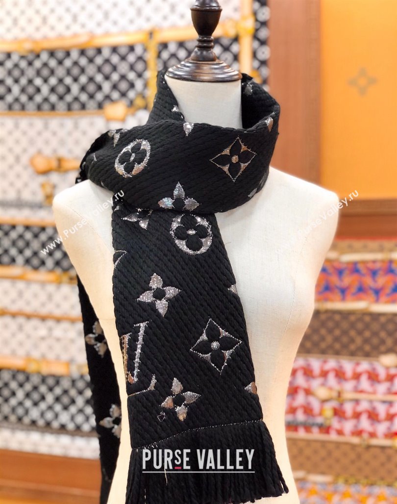 Louis Vuitton Logomania Wool Long Scarf with Fringe 30x175cm Black/Silver 2024 LV011003 (wtz-240110021)