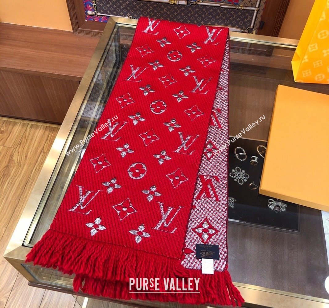 Louis Vuitton Logomania Wool Long Scarf with Fringe 30x175cm Red/Silver 2024 LV011003 (wtz-240110022)