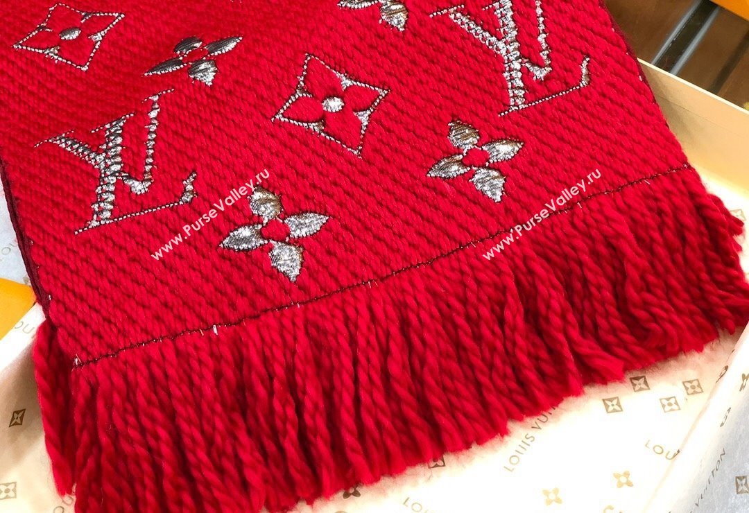 Louis Vuitton Logomania Wool Long Scarf with Fringe 30x175cm Red/Silver 2024 LV011003 (wtz-240110022)