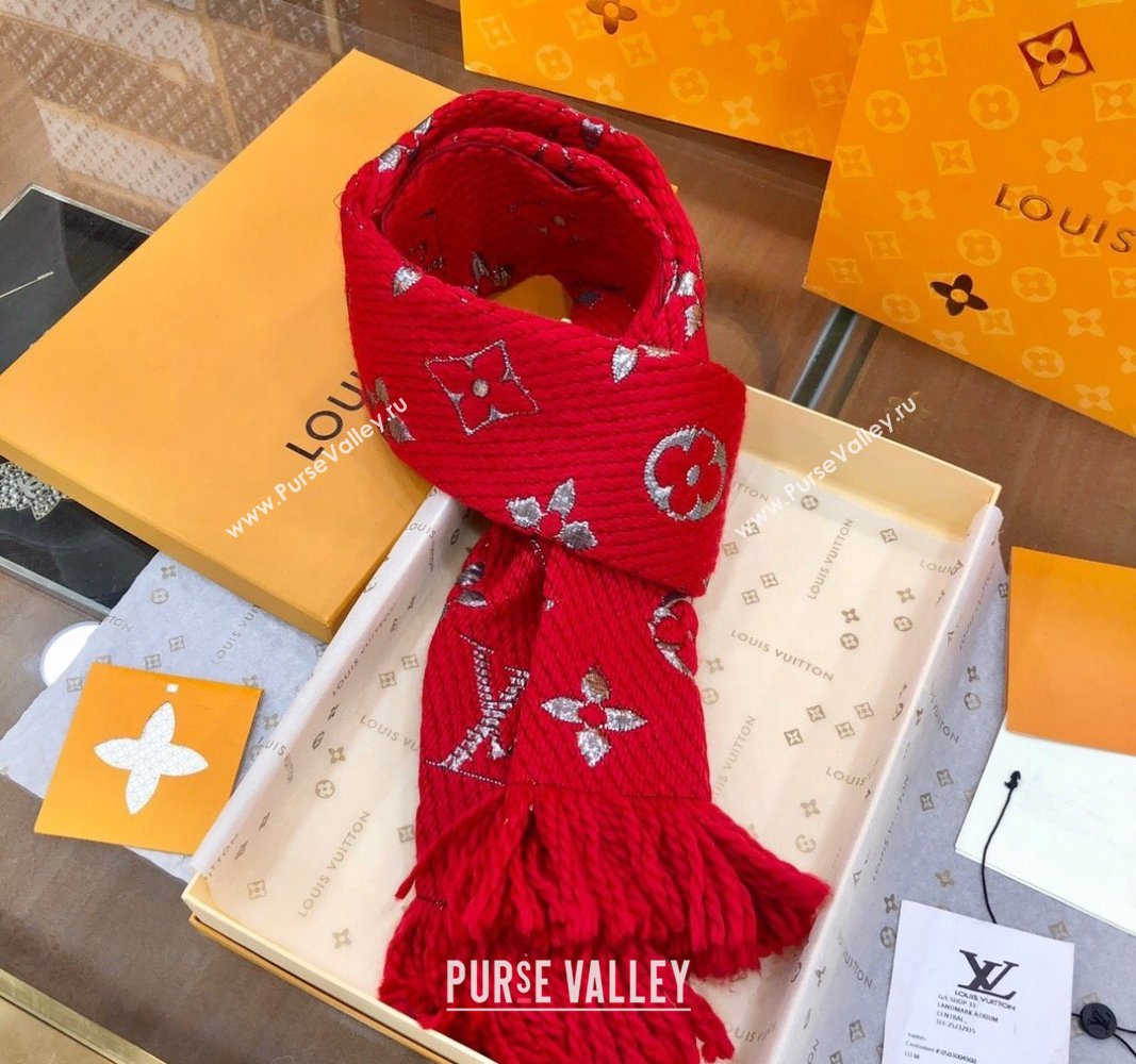 Louis Vuitton Logomania Wool Long Scarf with Fringe 30x175cm Red/Silver 2024 LV011003 (wtz-240110022)