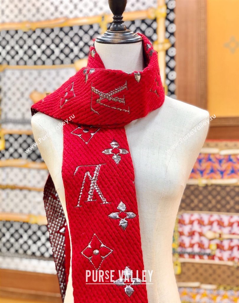 Louis Vuitton Logomania Wool Long Scarf with Fringe 30x175cm Red/Silver 2024 LV011003 (wtz-240110022)