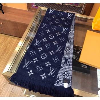 Louis Vuitton Logomania Wool Long Scarf with Fringe 30x175cm Navy Blue/Silver 2024 LV011003 (wtz-240110023)