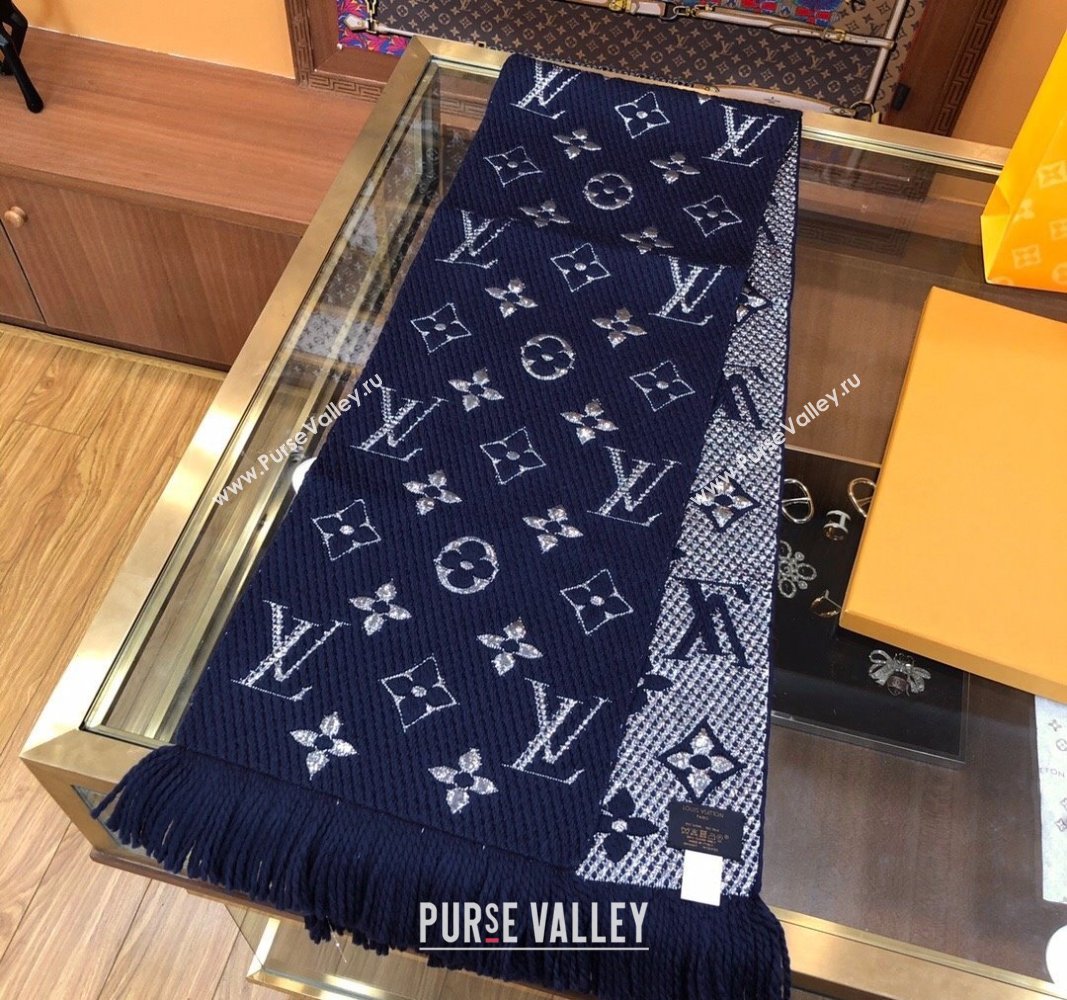 Louis Vuitton Logomania Wool Long Scarf with Fringe 30x175cm Navy Blue/Silver 2024 LV011003 (wtz-240110023)