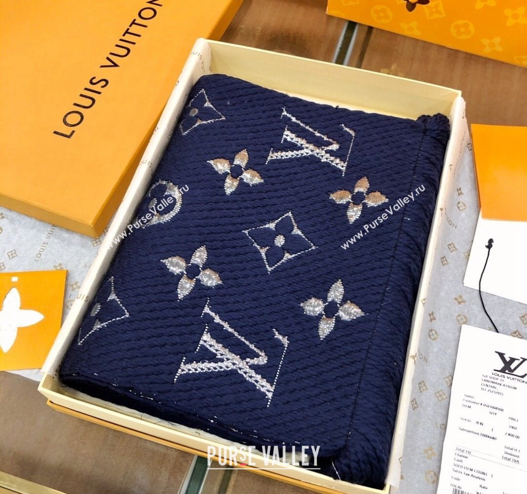 Louis Vuitton Logomania Wool Long Scarf with Fringe 30x175cm Navy Blue/Silver 2024 LV011003 (wtz-240110023)