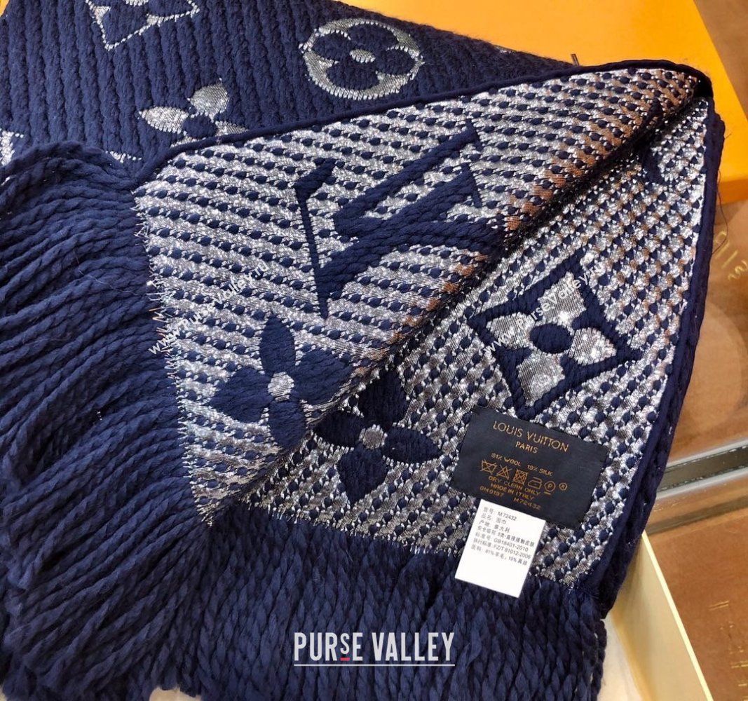 Louis Vuitton Logomania Wool Long Scarf with Fringe 30x175cm Navy Blue/Silver 2024 LV011003 (wtz-240110023)