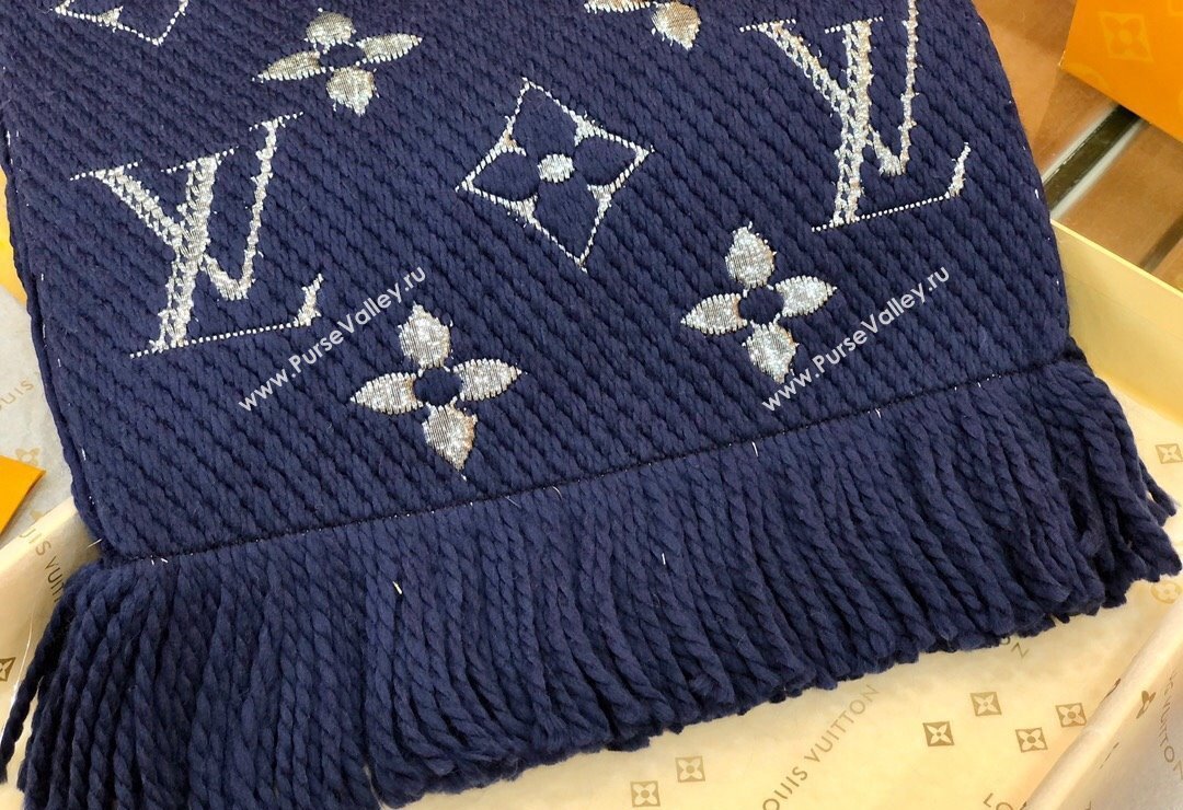 Louis Vuitton Logomania Wool Long Scarf with Fringe 30x175cm Navy Blue/Silver 2024 LV011003 (wtz-240110023)