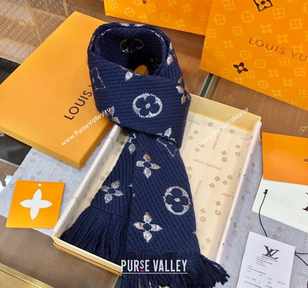 Louis Vuitton Logomania Wool Long Scarf with Fringe 30x175cm Navy Blue/Silver 2024 LV011003 (wtz-240110023)