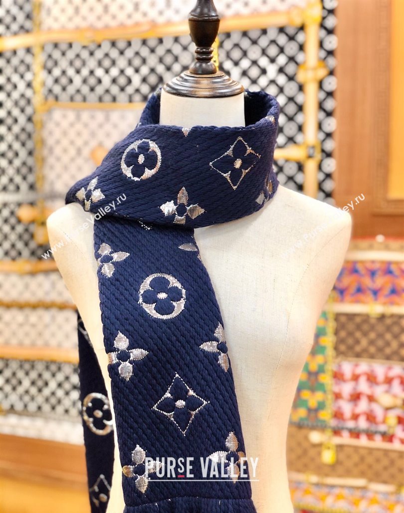 Louis Vuitton Logomania Wool Long Scarf with Fringe 30x175cm Navy Blue/Silver 2024 LV011003 (wtz-240110023)