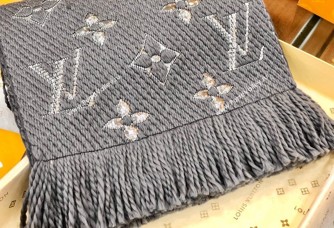 Louis Vuitton Logomania Wool Long Scarf with Fringe 30x175cm Grey/Silver 2024 LV011003 (wtz-240110024)