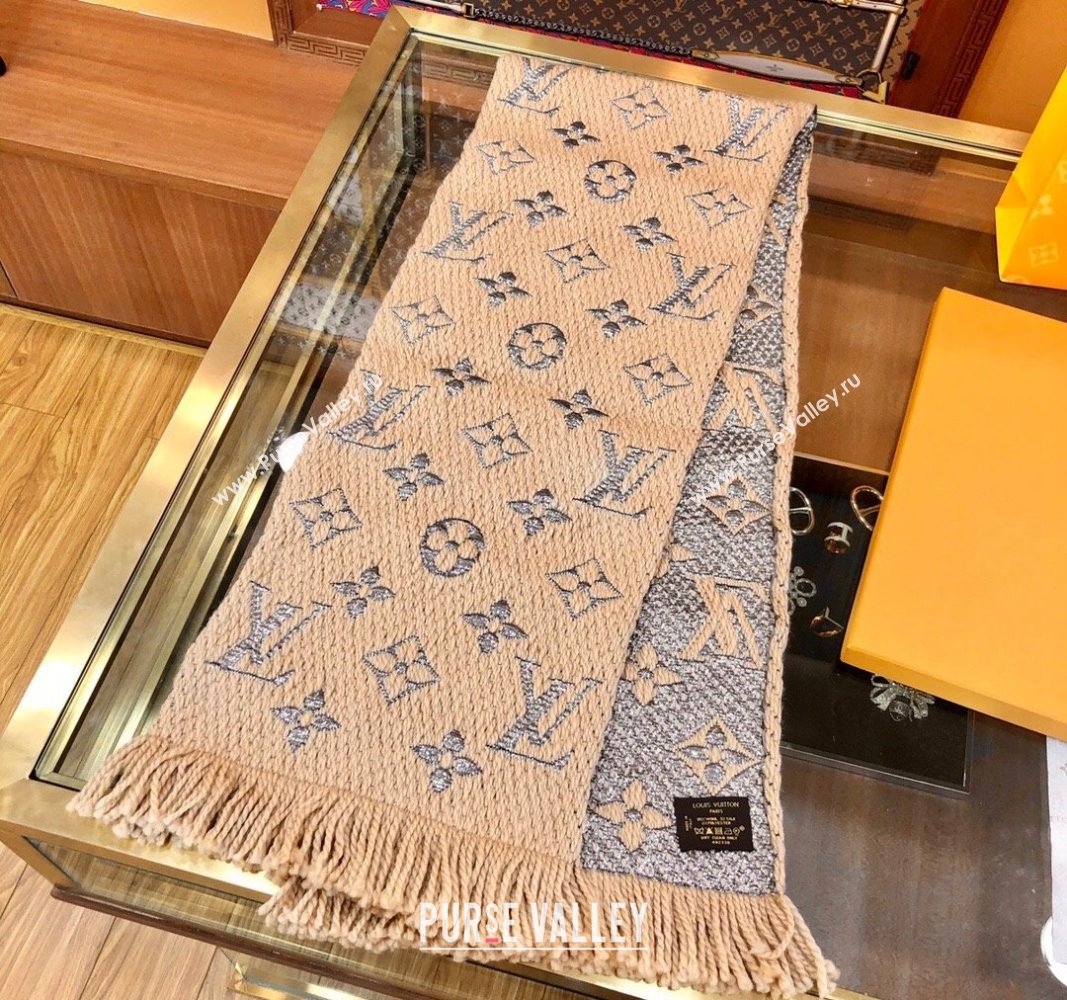 Louis Vuitton Logomania Wool Long Scarf with Fringe 30x175cm Beige/Silver 2024 LV011003 (wtz-240110025)